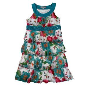 Speechless Dress‎ Girls 10 White Floral Ruffled Tiers Lined Waist Tie Beaded